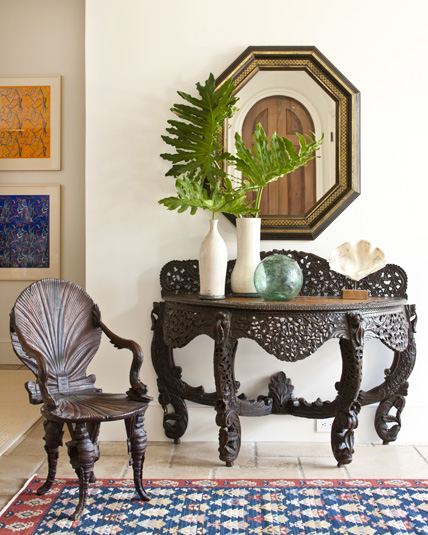 Kaufman Residence, decorated by Phoebe Howard, foyer-----
Interior of foyer showing wooden chair beside wooden table underneath mirror.