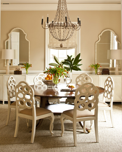 Kaufman Residence, decorated by Phoebe Howard, dining room-----
Interior of dining room showing dining table and chairs under chandelier.