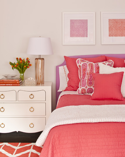 Kaufman Residence, decorated by Phoebe Howard, child's room-----
Interior of unidentified bedroom showing throw pillows on bed beside bedside table.